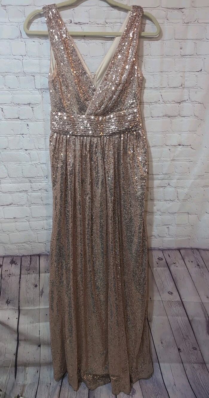 Sleeveless Rose Gold Sequin Maxi Dress with V-Neck